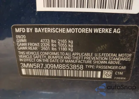 2021 BMW 330I xDrive из США, поврежденный, VIN 3MW5R7J09M8B53858